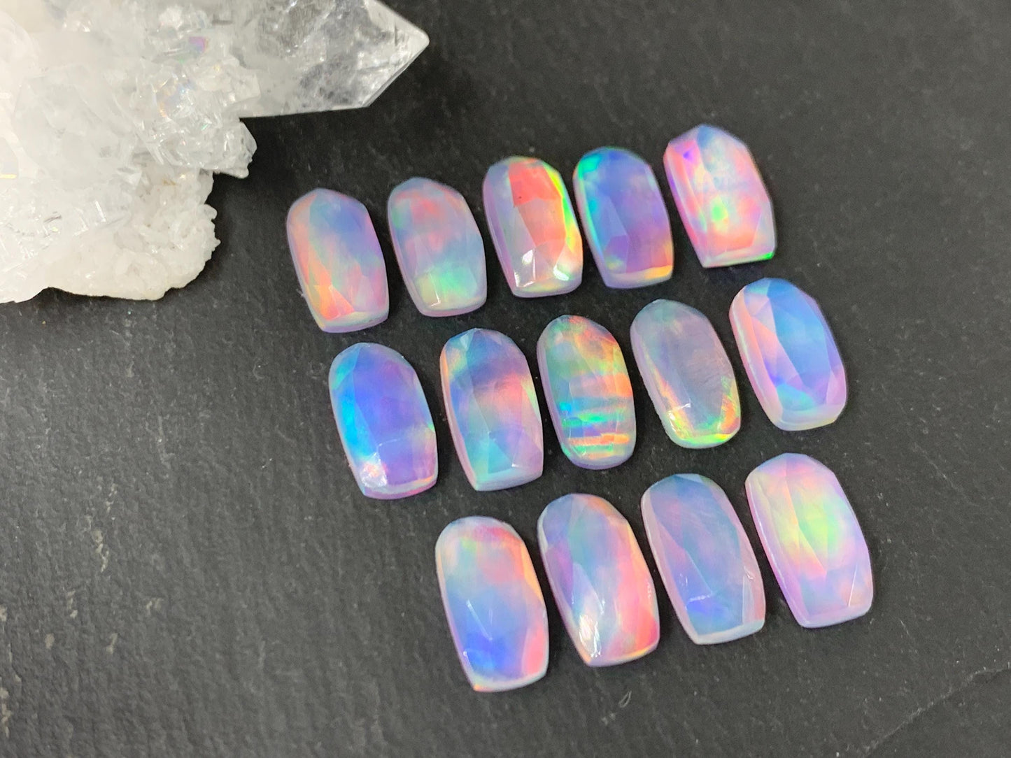 Faceted Aurora Opal rectangle 6x12mm cabochon - Doublet cabochon