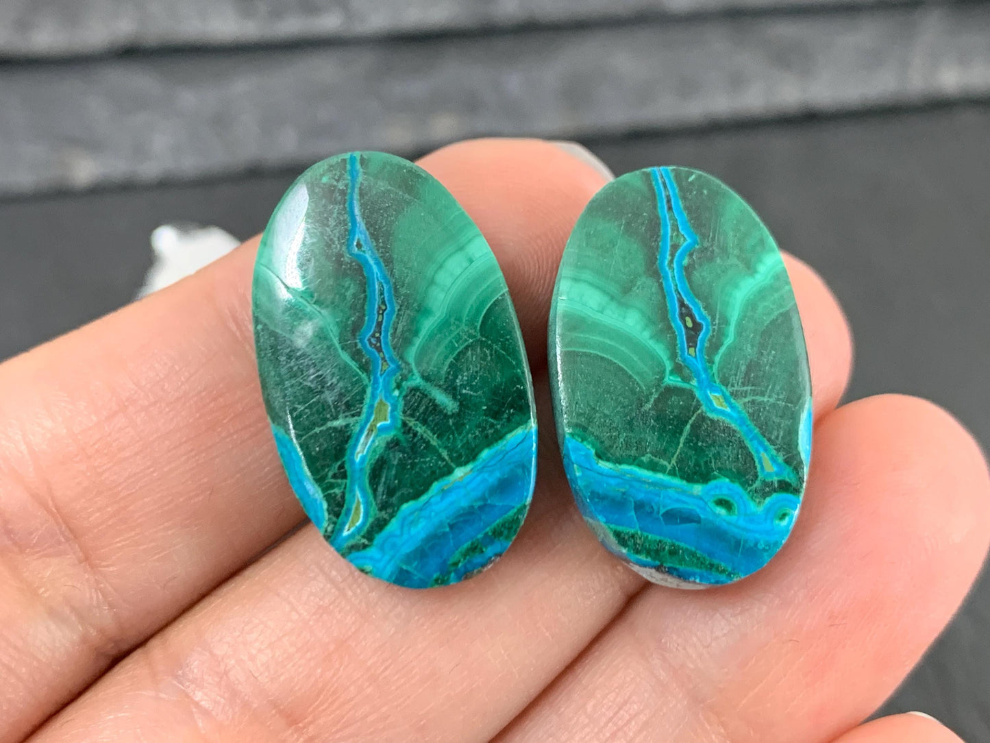 Malachite Chrysocolla oval 14x23x4.5mm cabochon pair