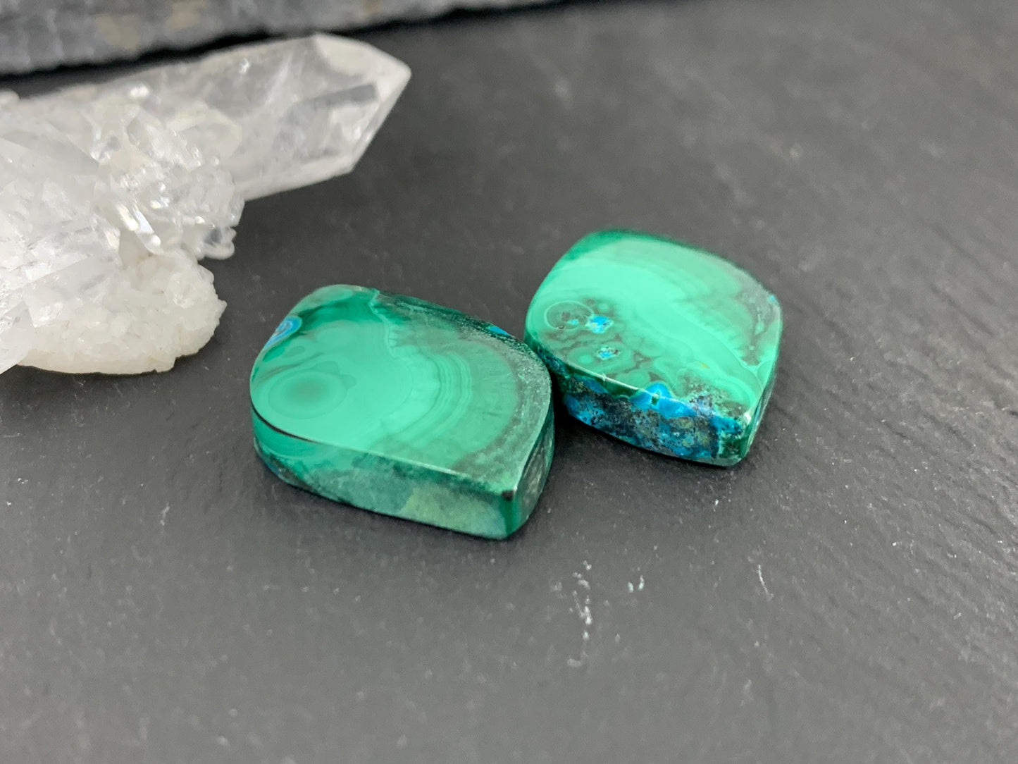 Malachite Chrysocolla free form 14x21x5mm cabochon pair