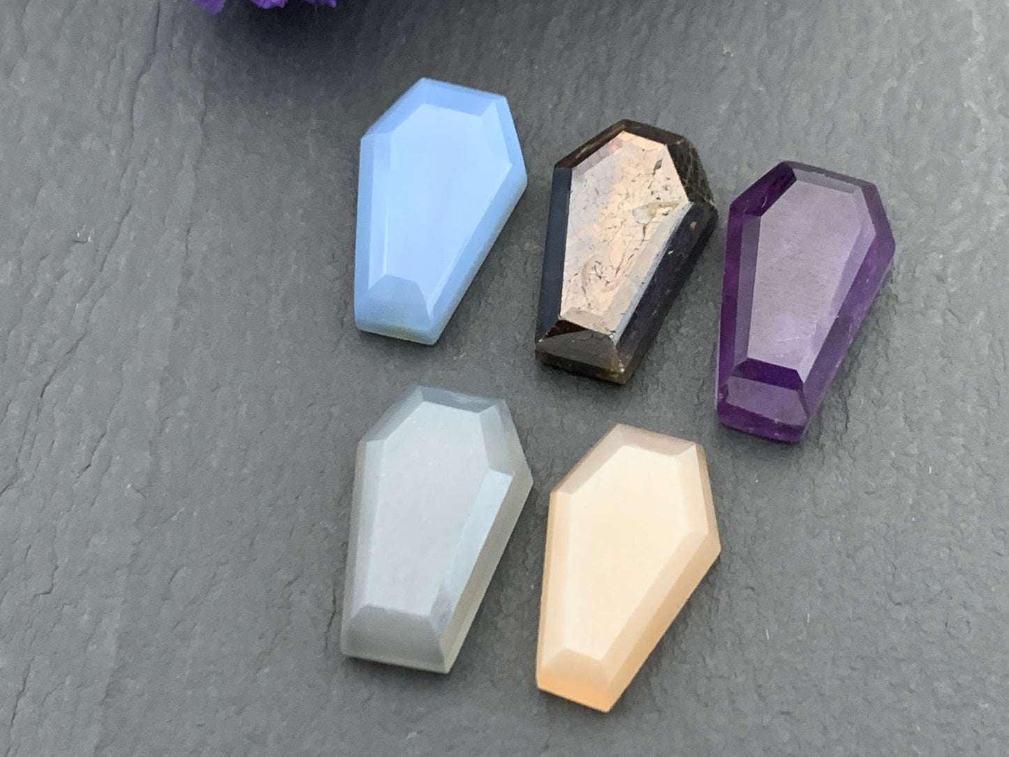 Faceted coffin 10x16mm cabochon- Blue Opal, Star Sapphire, Amethyst, Grey Moonstone, Peach Moonstone