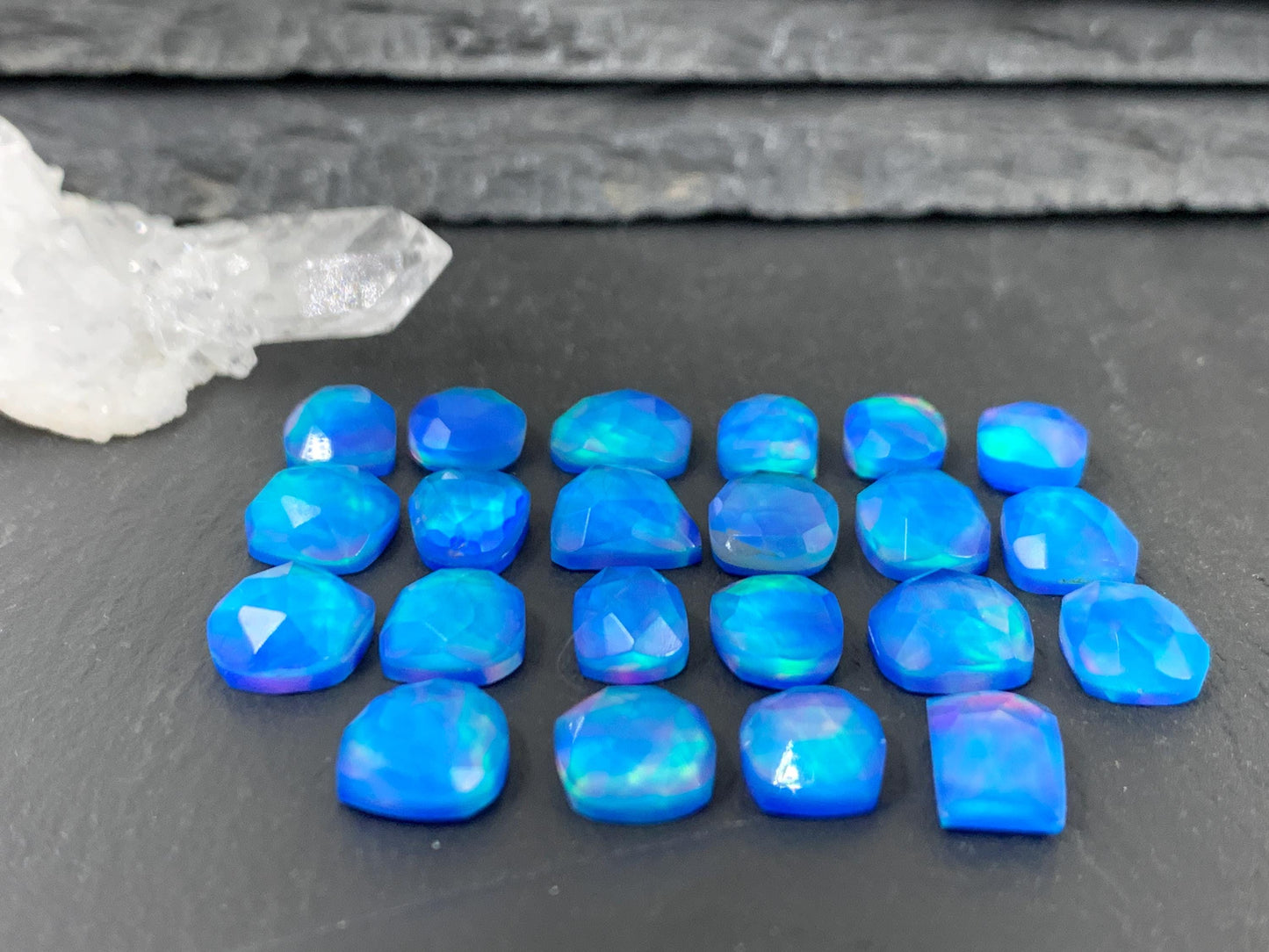Faceted Aurora Opal free form 9-10mm long doublet cabochons - Doublet cabochons