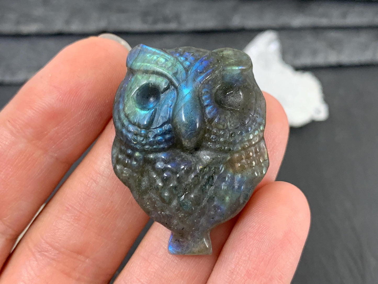Labradorite Owl Carving - 27x35mm Natural Stone Flat Back Gem