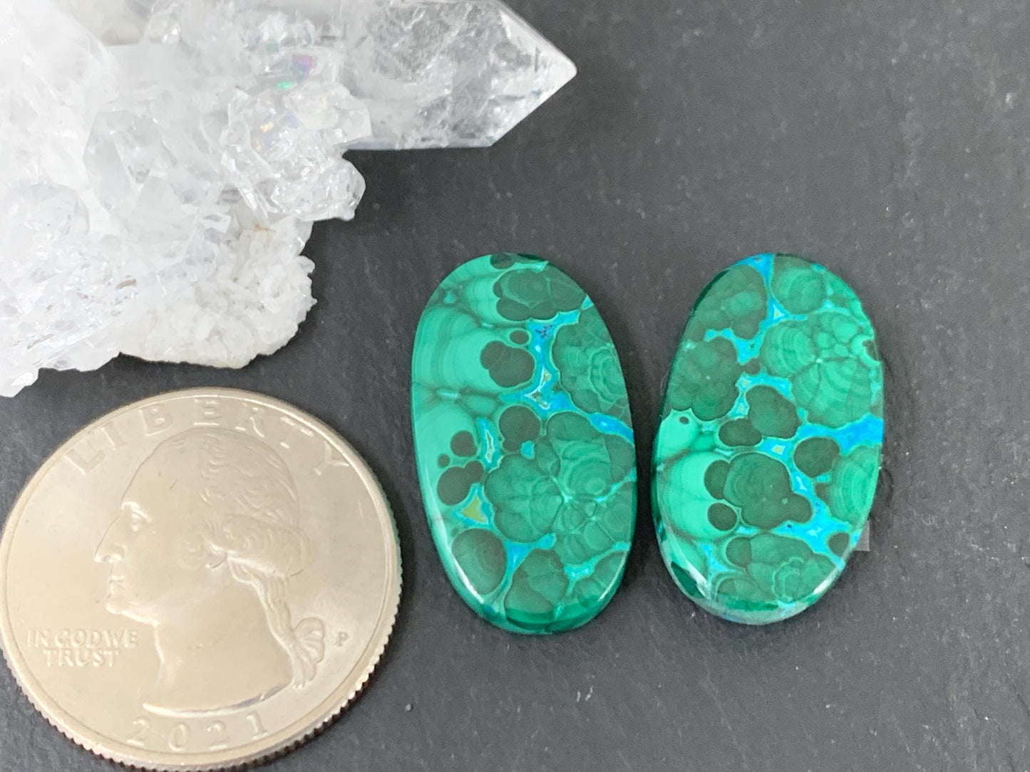 Malachite Chrysocolla oval 13x24x4mm cabochon pair