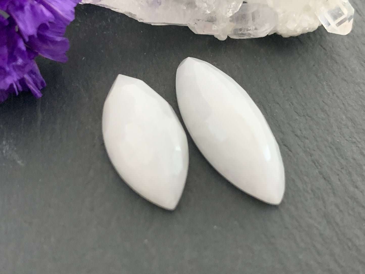 Faceted White Quartzite marquise 10x20mm, 10x25mm cabochon | Calibrated Cabochons