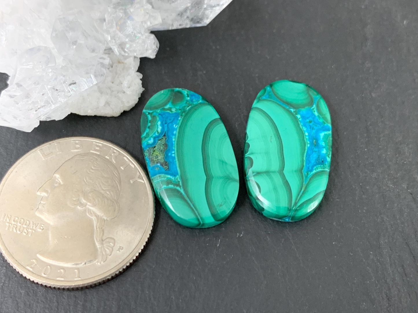 Malachite Chrysocolla oval 14x24x4mm cabochon pair