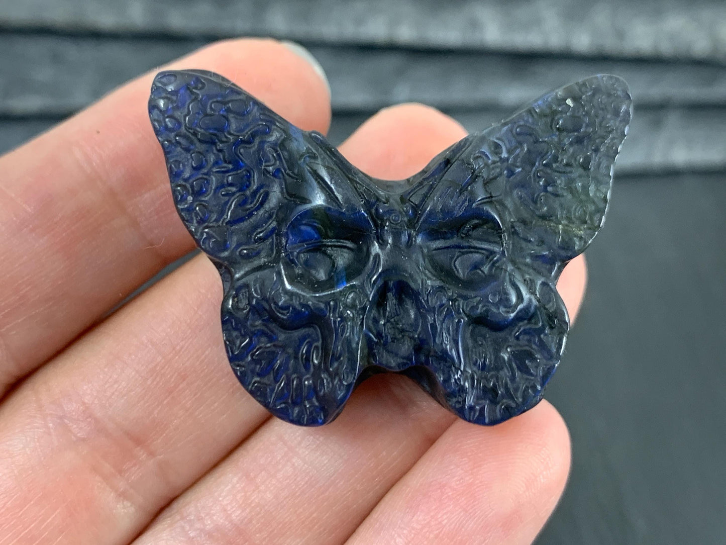 Labradorite Ghost Face Carving – Hand Carved Gemstone Flat Back Butterfly Gift