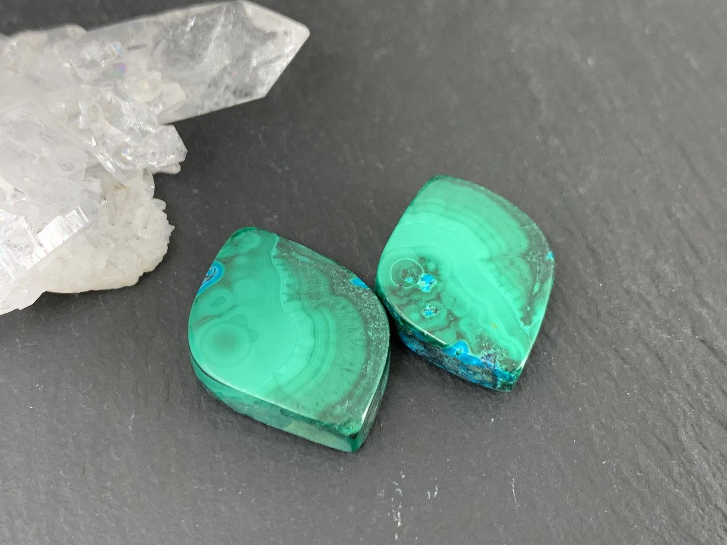 Malachite Chrysocolla free form 14x21x5mm cabochon pair