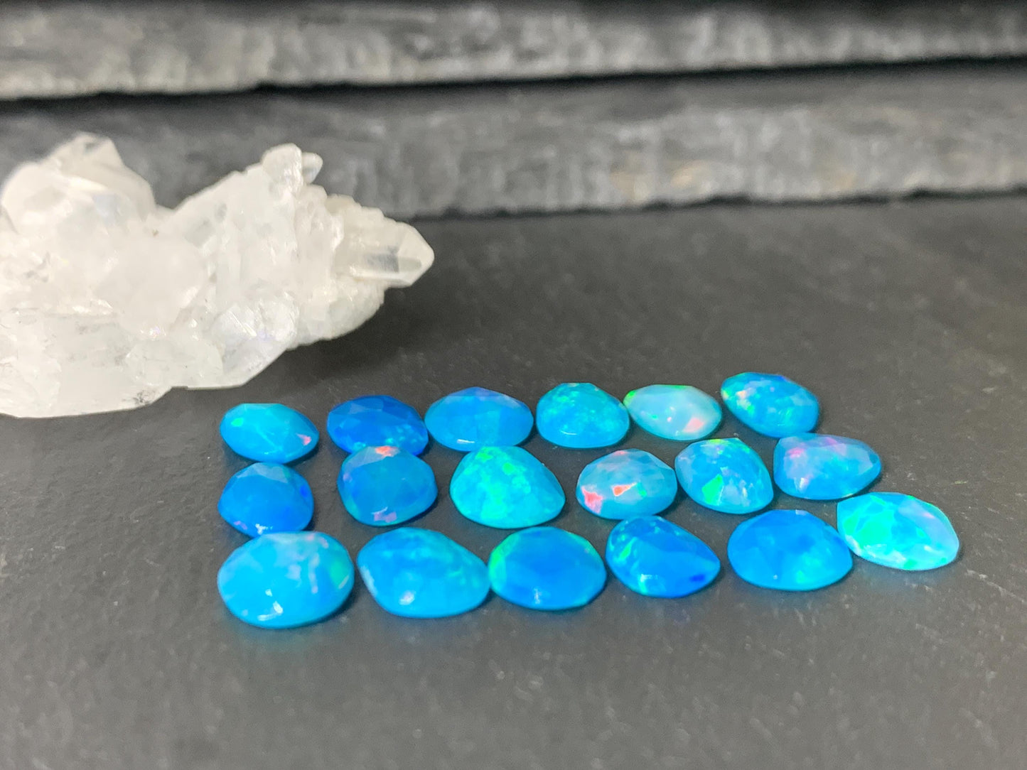 Faceted Blue Ethiopian Opal 8-9mm long cabochon