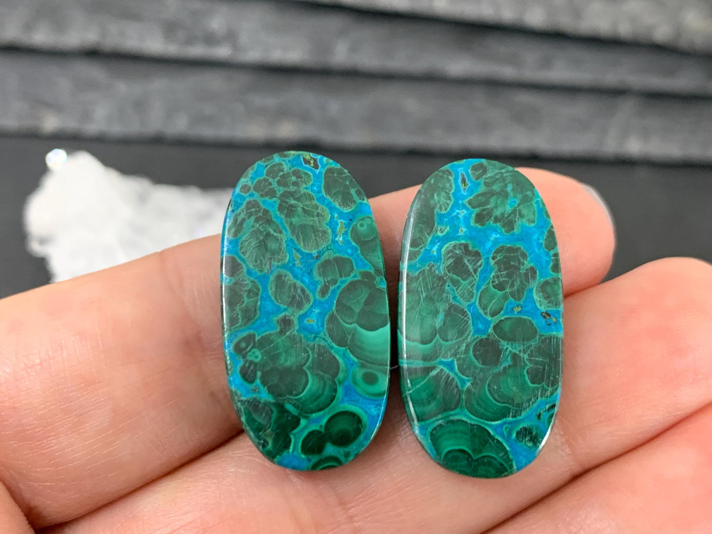 Malachite Chrysocolla oval 14x28x4mm cabochon pair