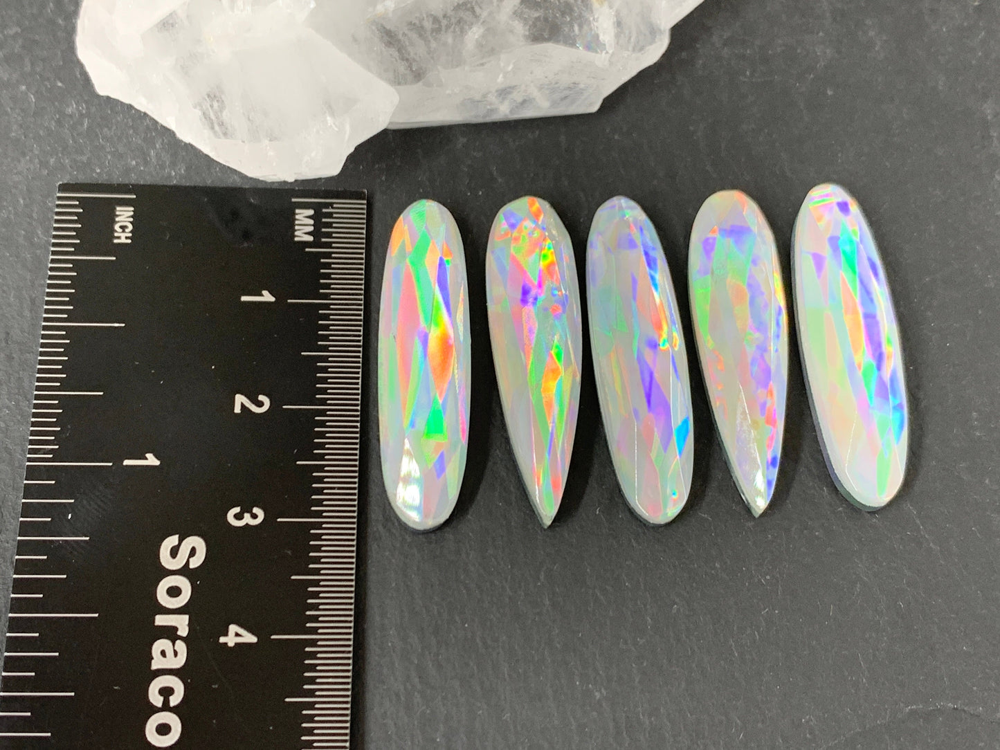 Faceted Mystic Rainbow Quartz pear, oval 8x30mm cabochon doublet