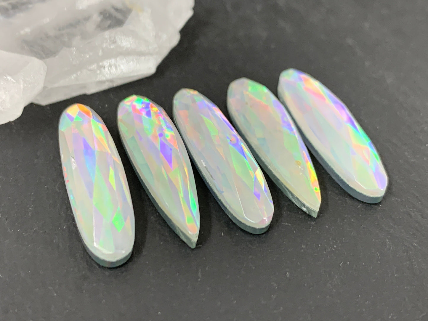 Faceted Mystic Rainbow Quartz pear, oval 8x30mm cabochon doublet