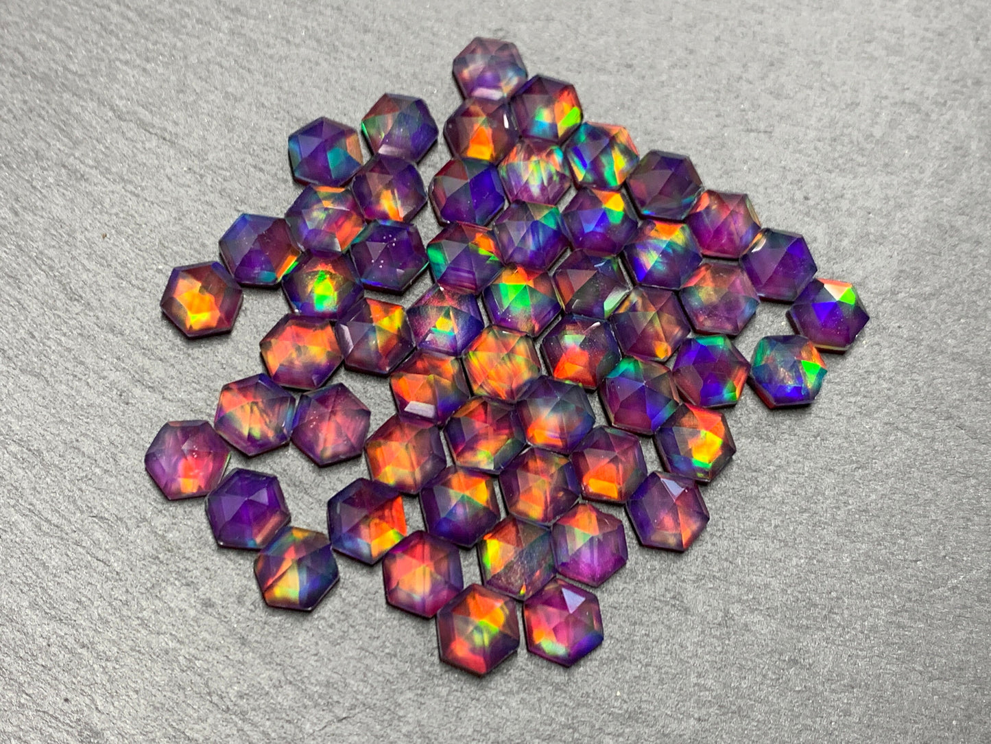 Faceted Aurora Opal hexagon 7mm & 8mm cabochon - doublet cabochons