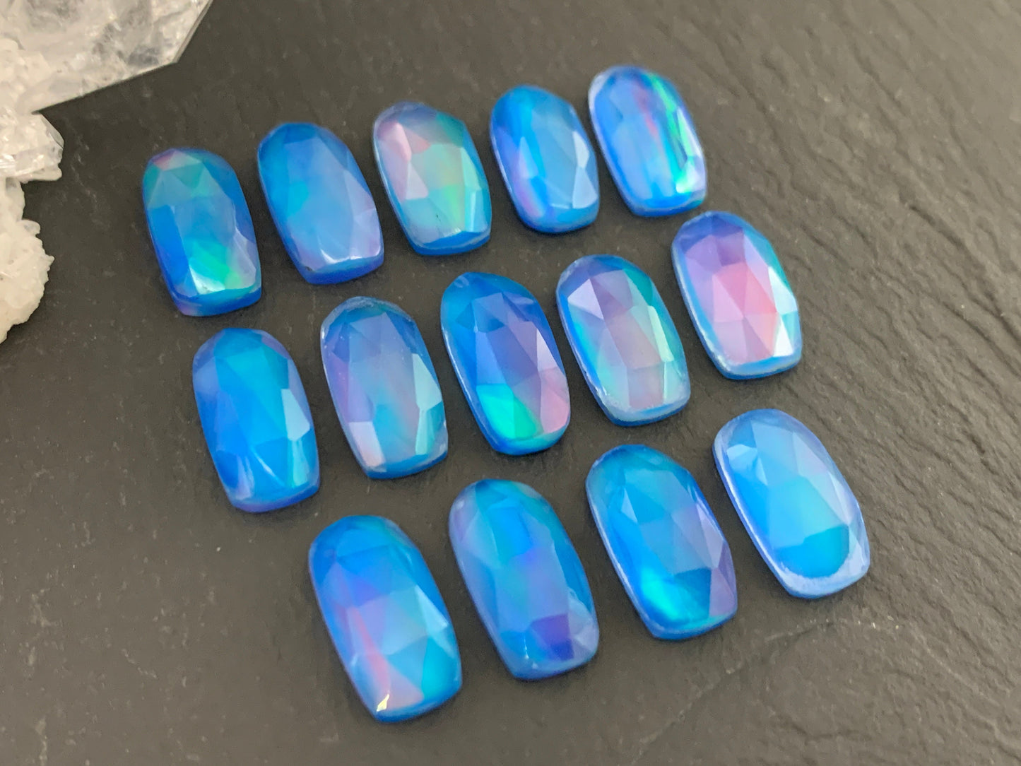 Faceted Aurora Opal 7x14mm cabochon - Doublet cabochon