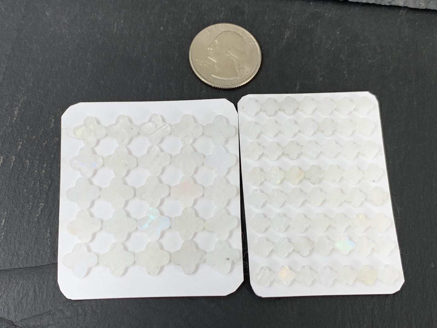 Flat Rainbow Moonstone clover 6mm, 10mm cabochon - Calibrated cabochons