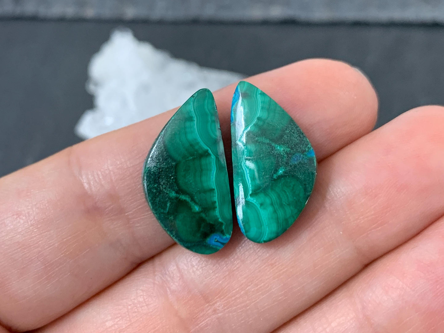 Malachite Chrysocolla free form 11x21x4mm cabochon pair