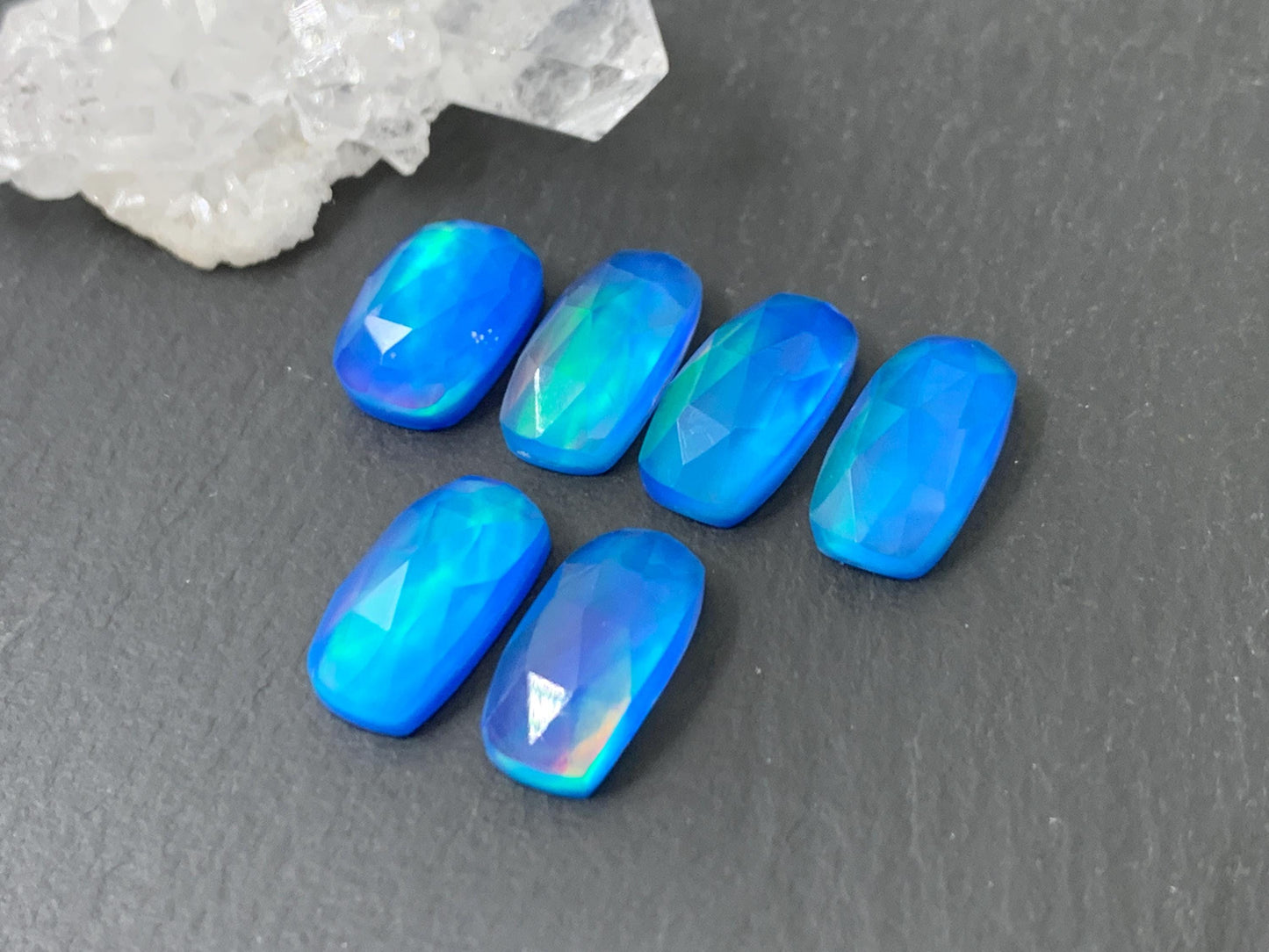 Faceted Aurora Opal rectangle 7x14mm long doublet cabochons