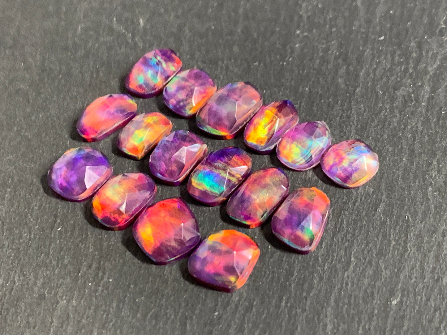 Faceted Aurora Opal 9-11mm long cabochon - Doublet cabochons