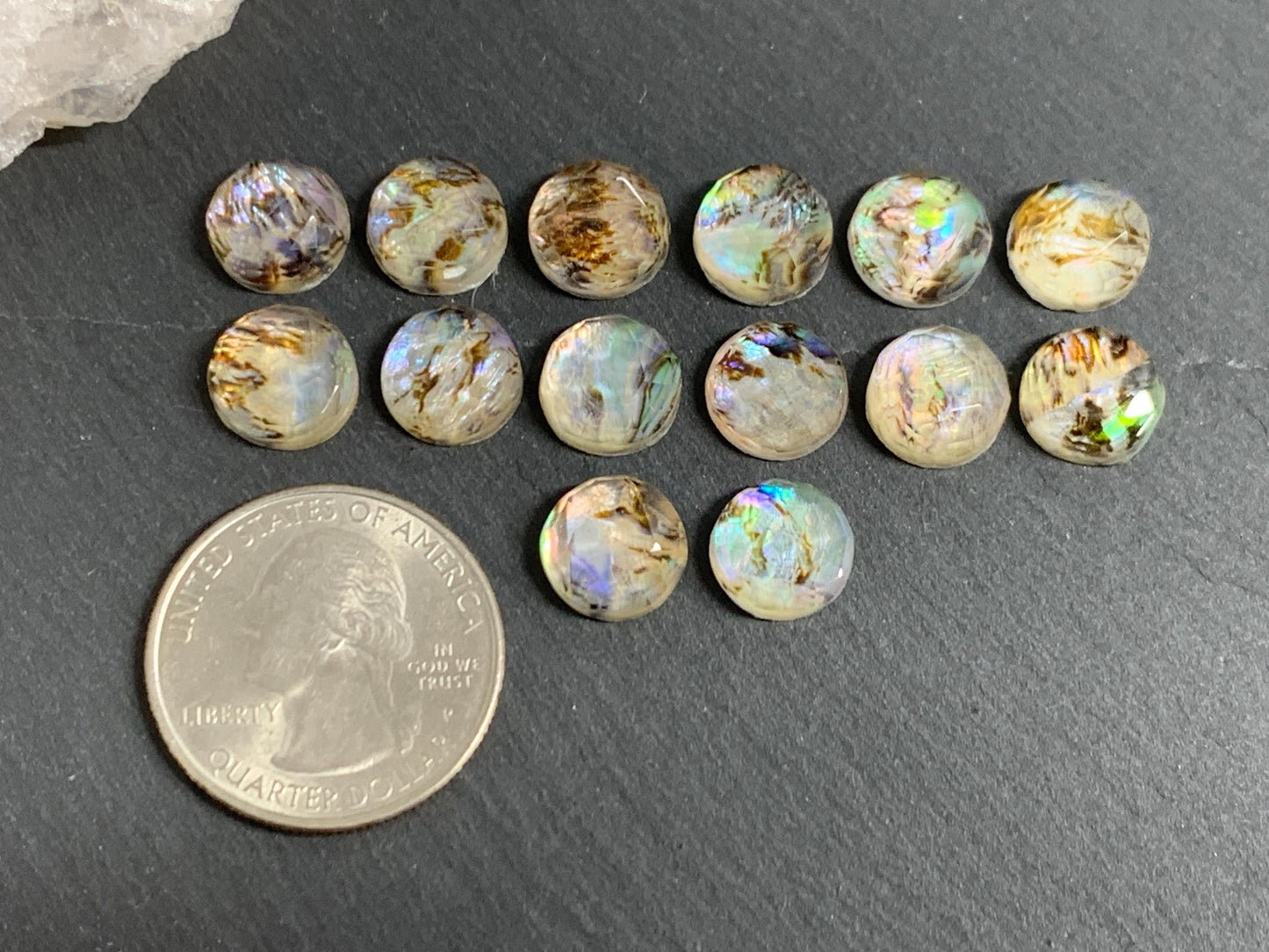 Faceted Abalone Crystal round 10mm doublet cabochon