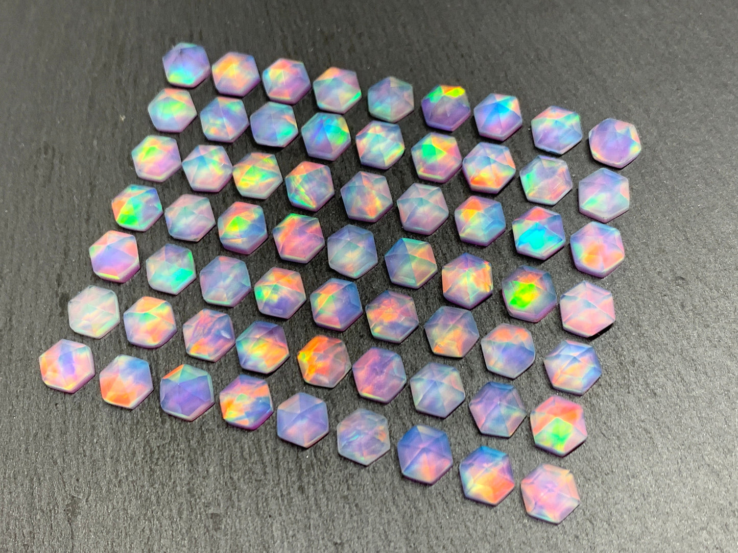 Faceted Aurora Opal hexagon 7mm cabochon - Doublet cabochons