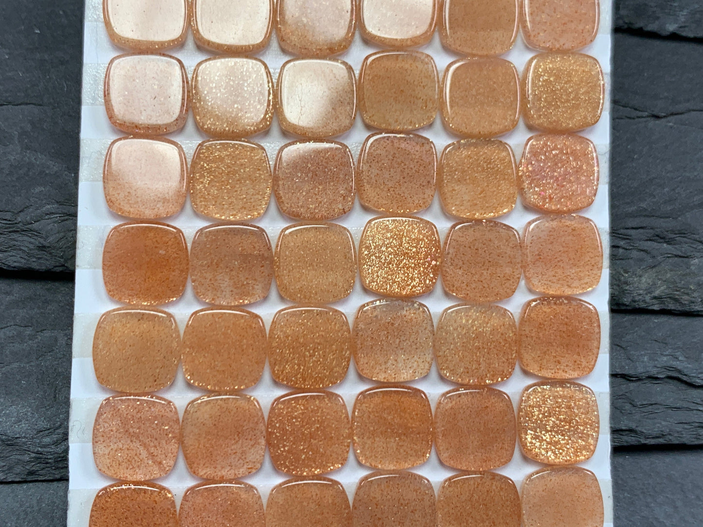 Flat Gold SunStone square cushion 8mm, 10mm cabochon - Calibrated cabochons