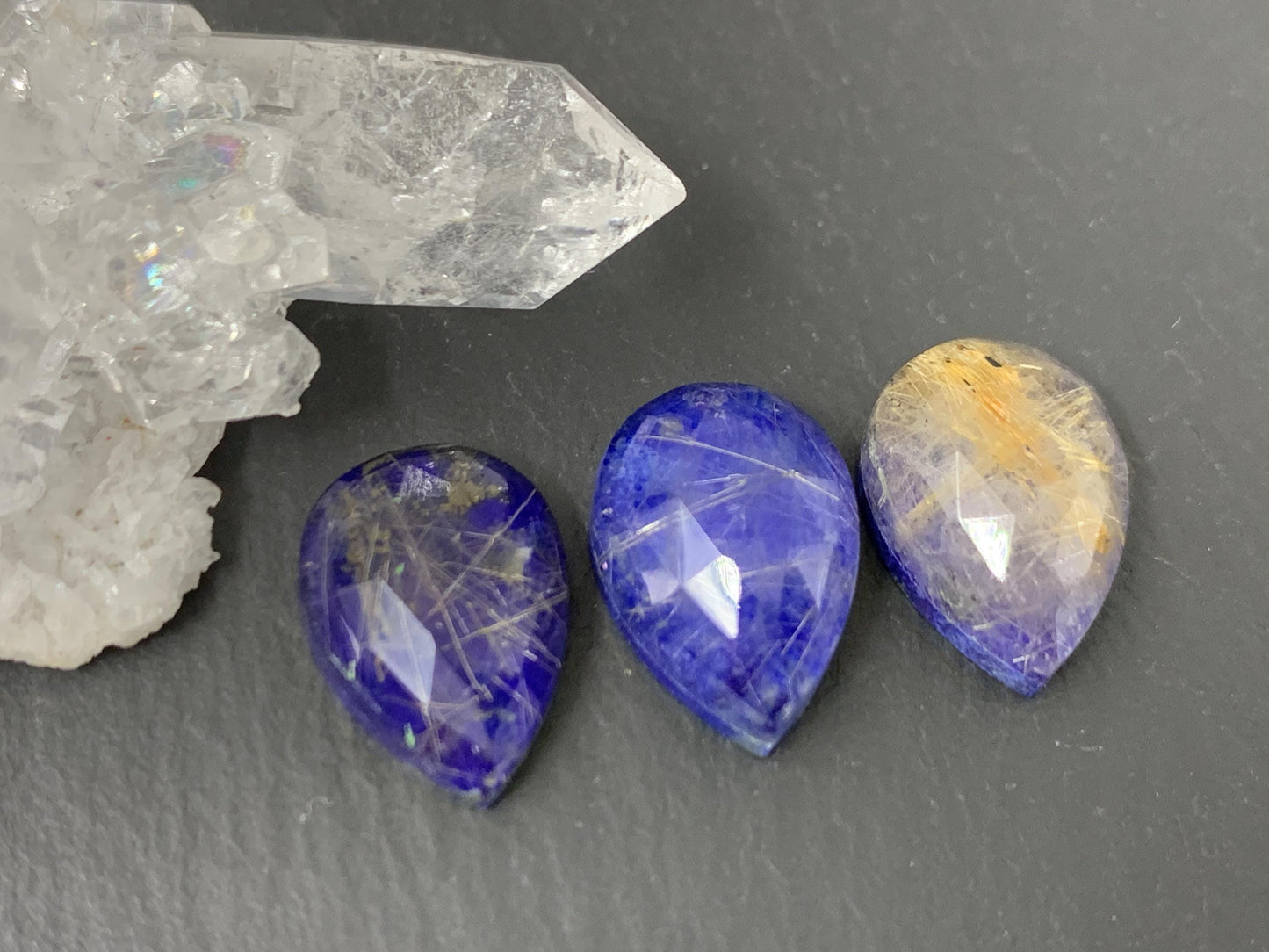 Faceted Gold Rutilated Quartz Lapis Lazuli pear 10x14mm cabochon - Doublem cabochons