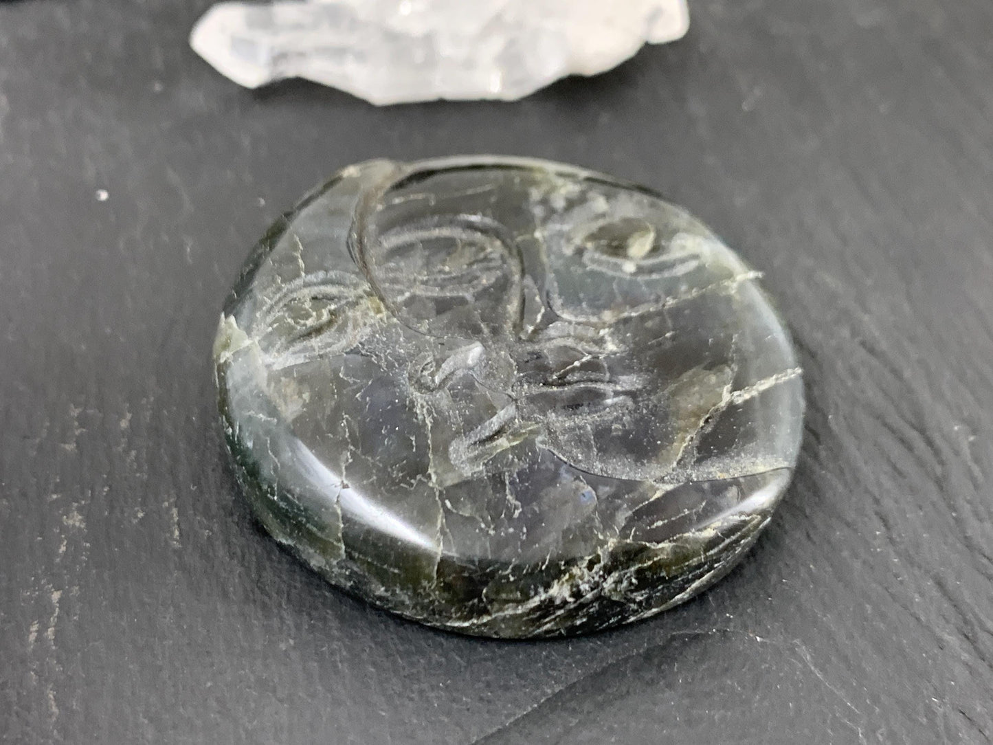 Labradorite Sun Moon Carving – 42mm Natural Flat Back Gemstone Design