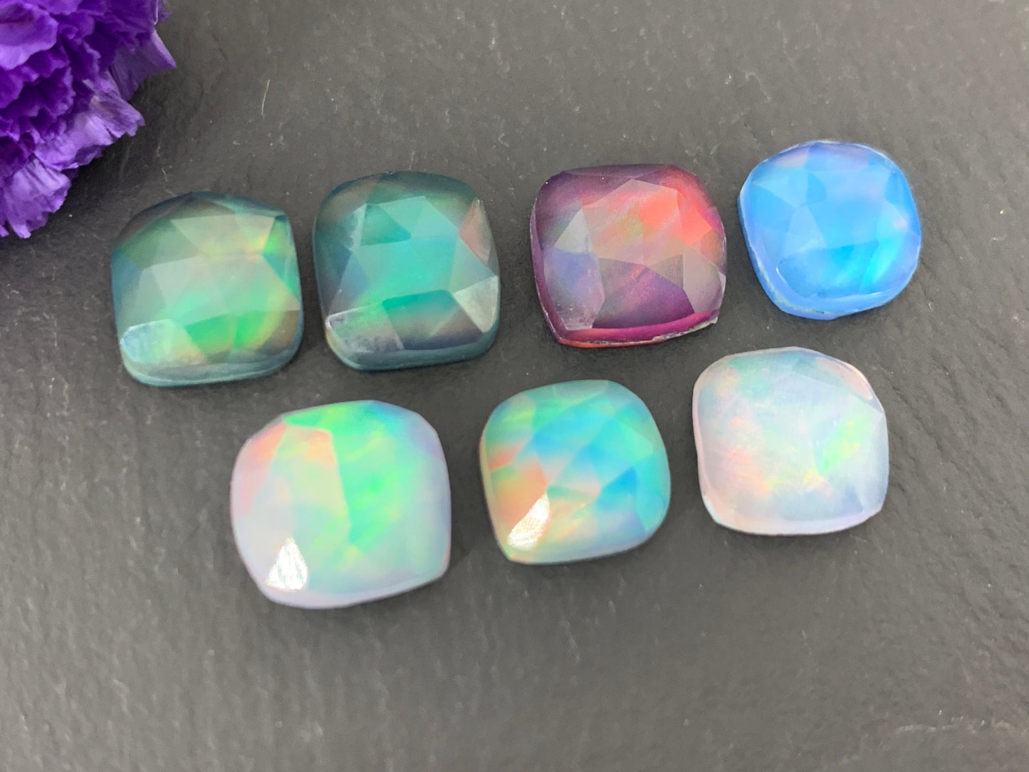 Faceted Aurora Opal square 8mm cabochon - Doublet cabochons