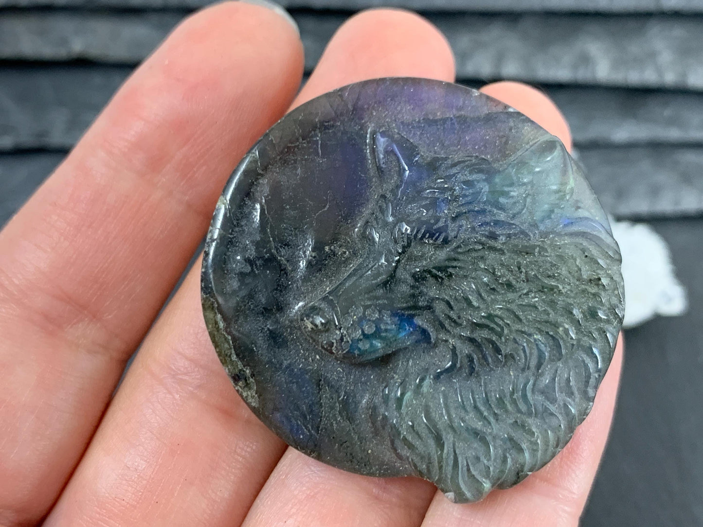Labradorite Wolf Carving - 40mm Natural Gemstone Flat Back Design