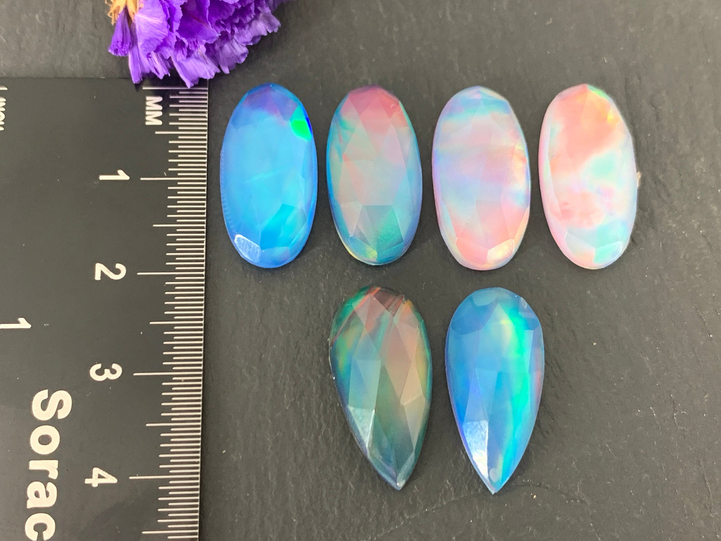 Faceted Aurora Opal oval, pear 10x20mm cabochon - Doublet cabochons