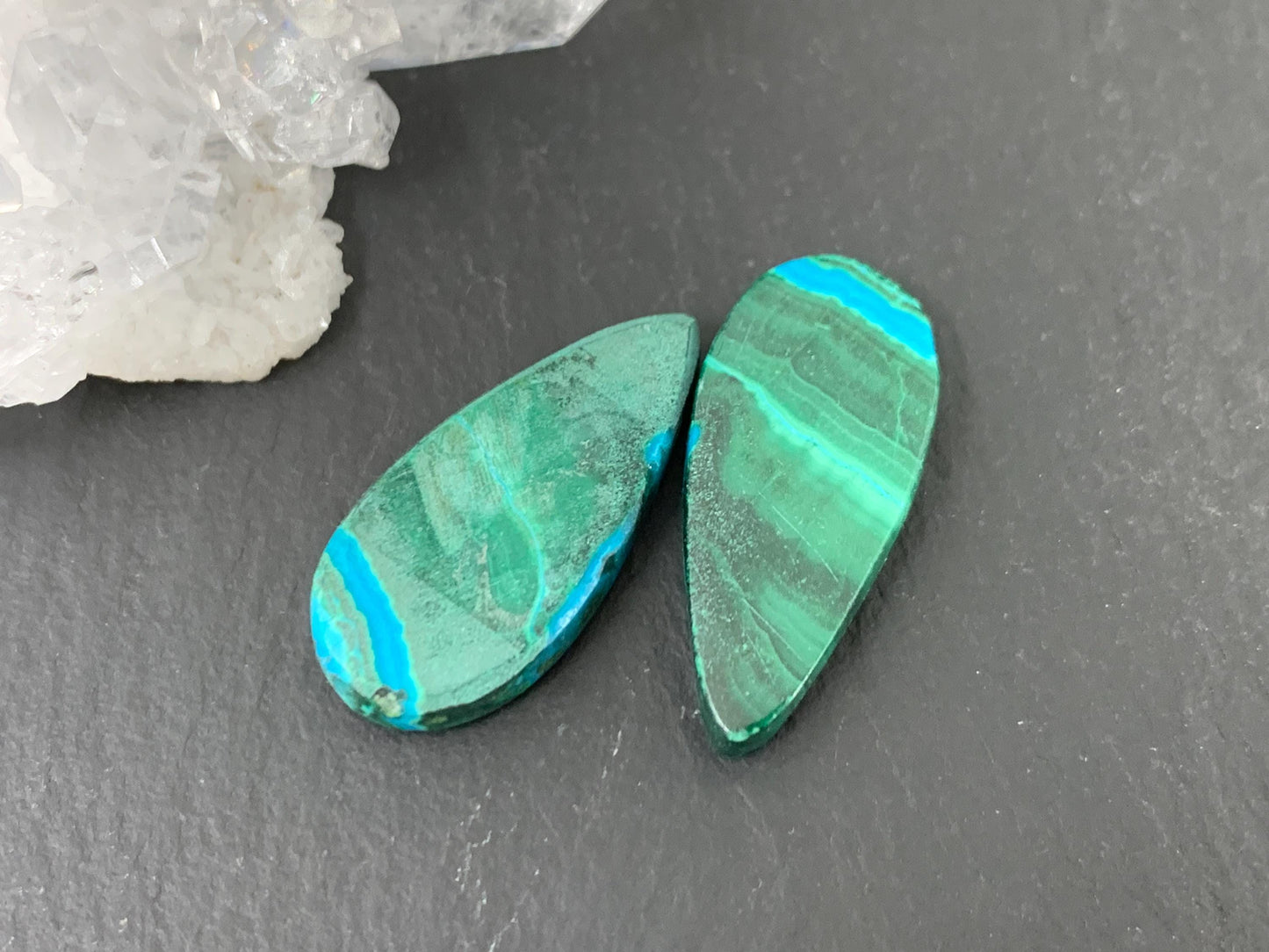 Malachite Chrysocolla pear 11x23x3.5mm cabochon pair