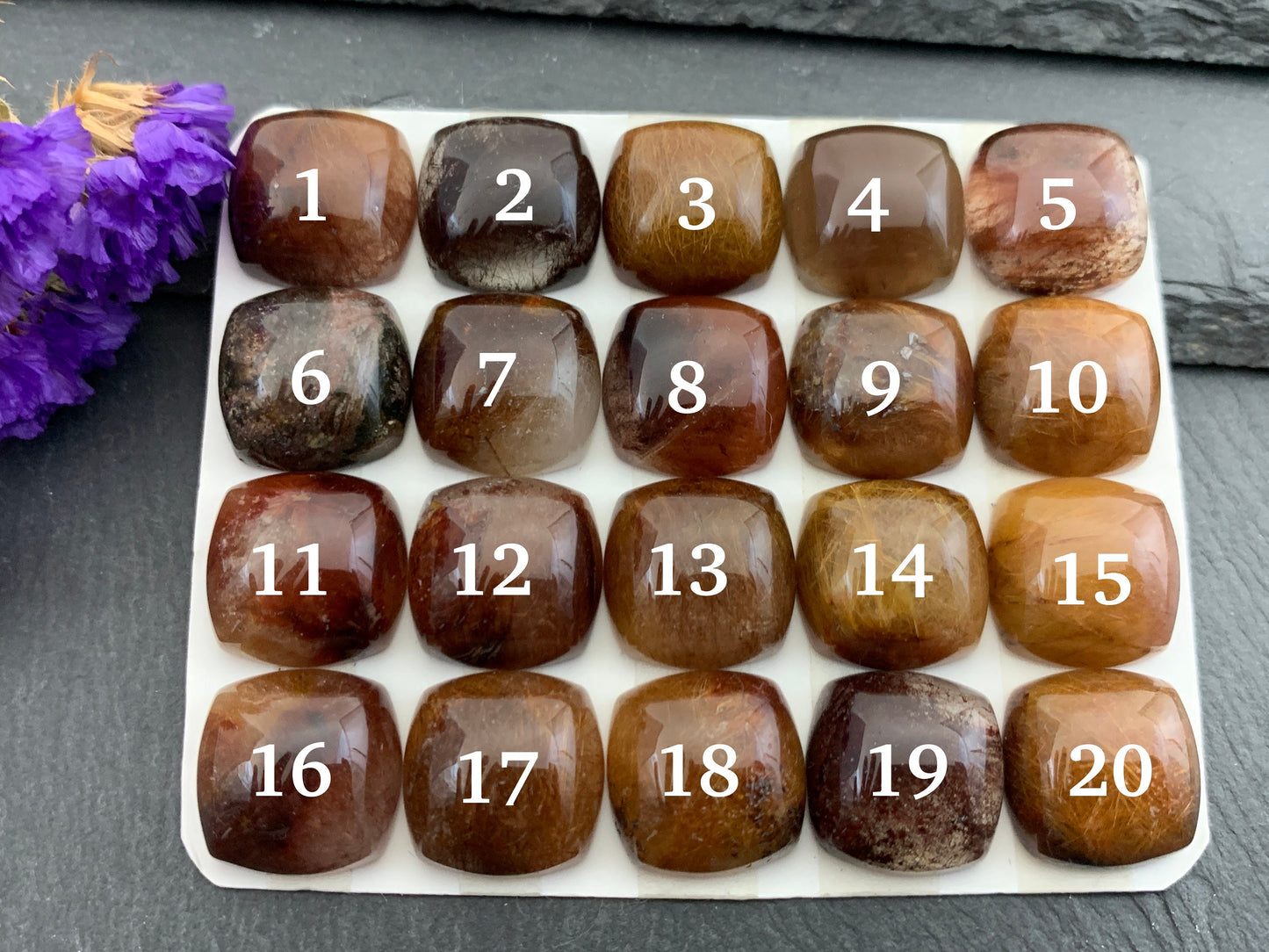 Rutilated Quartz square 15mm cabochon - Calibrated Rutilated Quartz