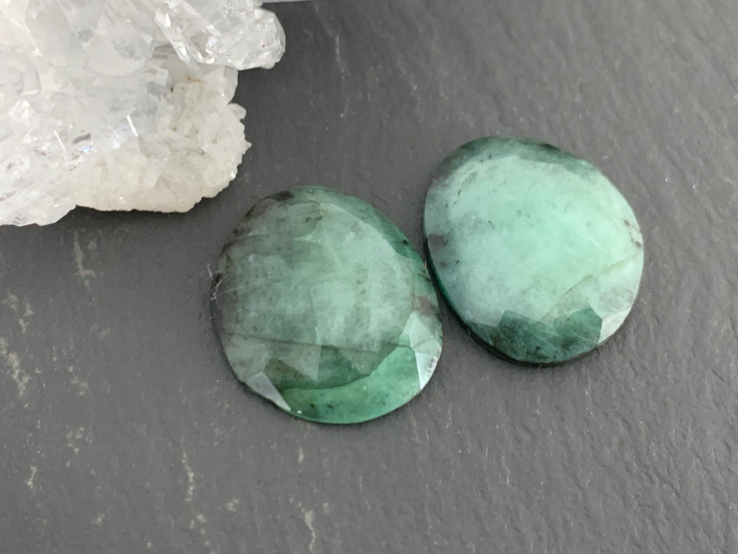 Faceted Emerald Pair 15x17x3mm cabochon