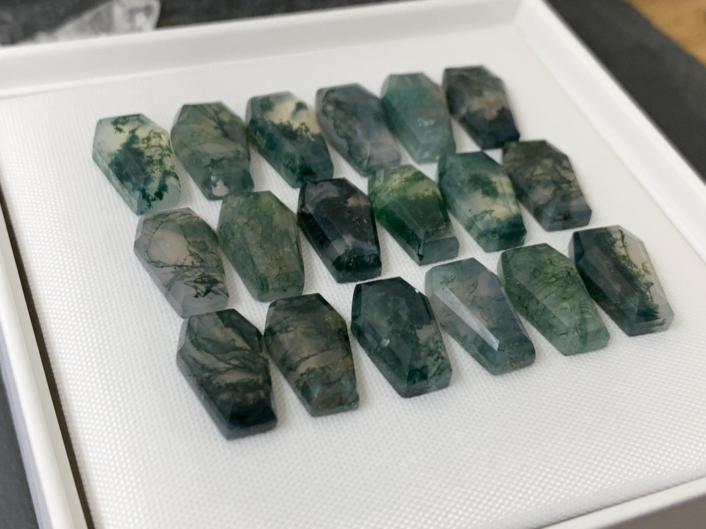 Faceted Moss Agate coffin 10x16mm cabochon