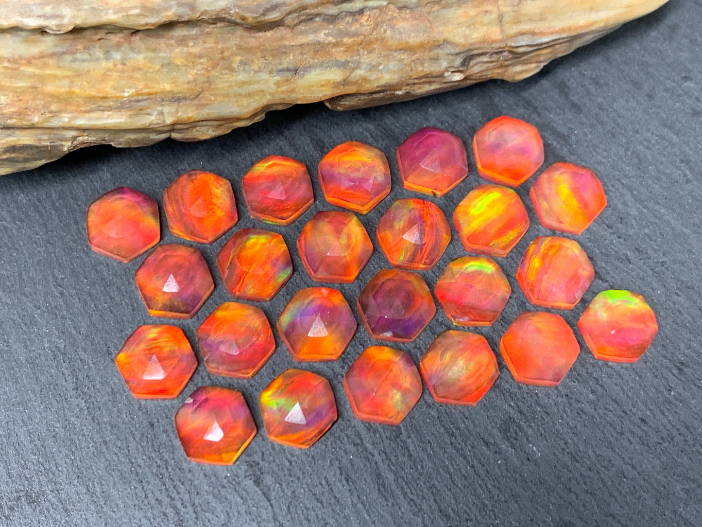 Faceted Orange Aurora Opal hexagon 10mm cabochon - Doublet cabochons