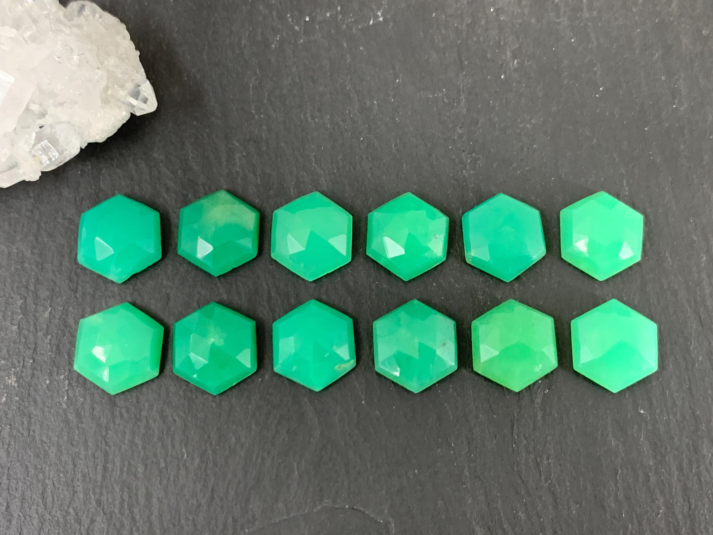 Faceted Chrysoprase Cabochon - 10mm Hexagonal Faceted Green Jewel for Jewelry Making