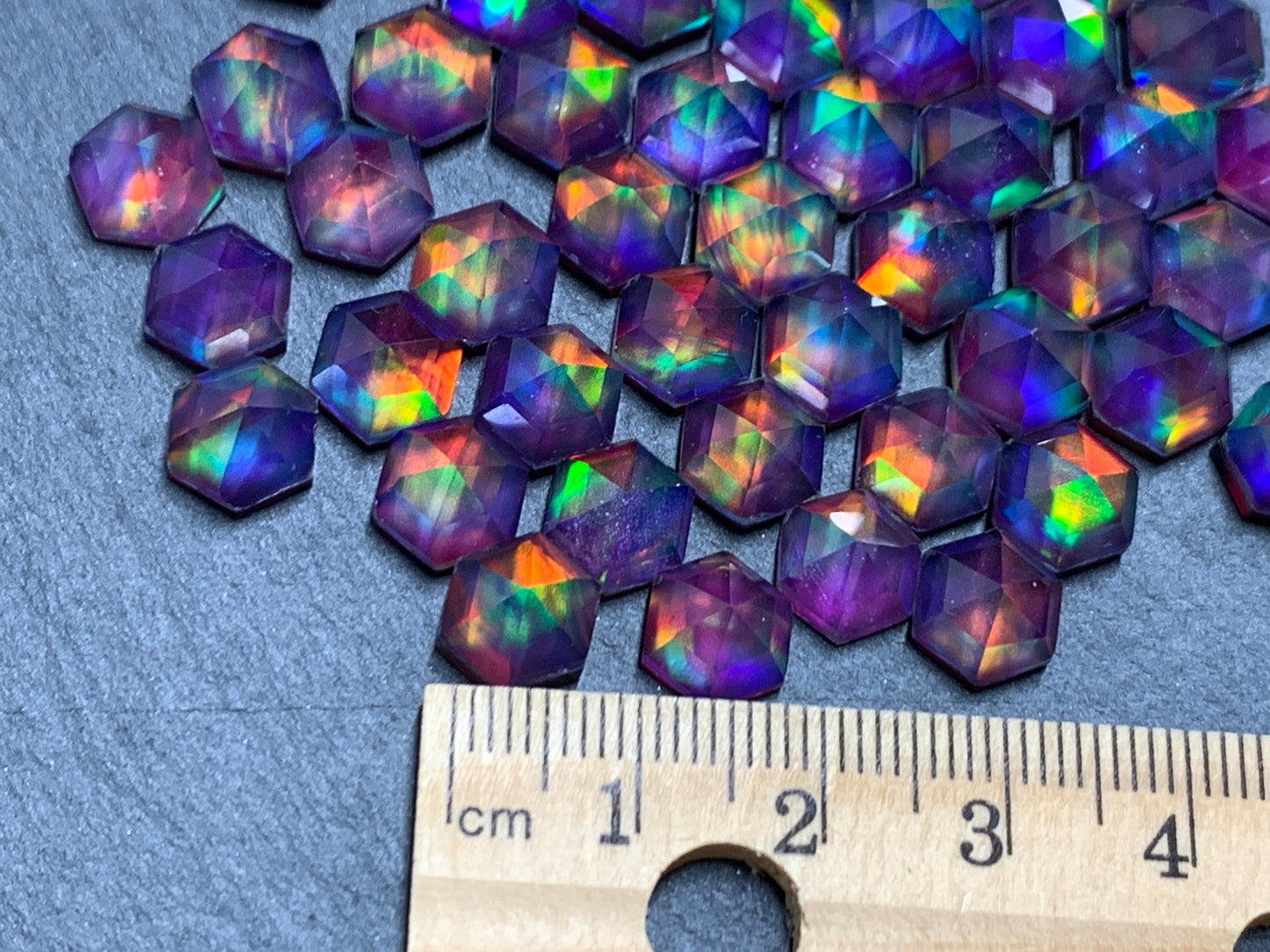 Faceted Aurora Opal hexagon 7mm & 8mm cabochon - doublet cabochons