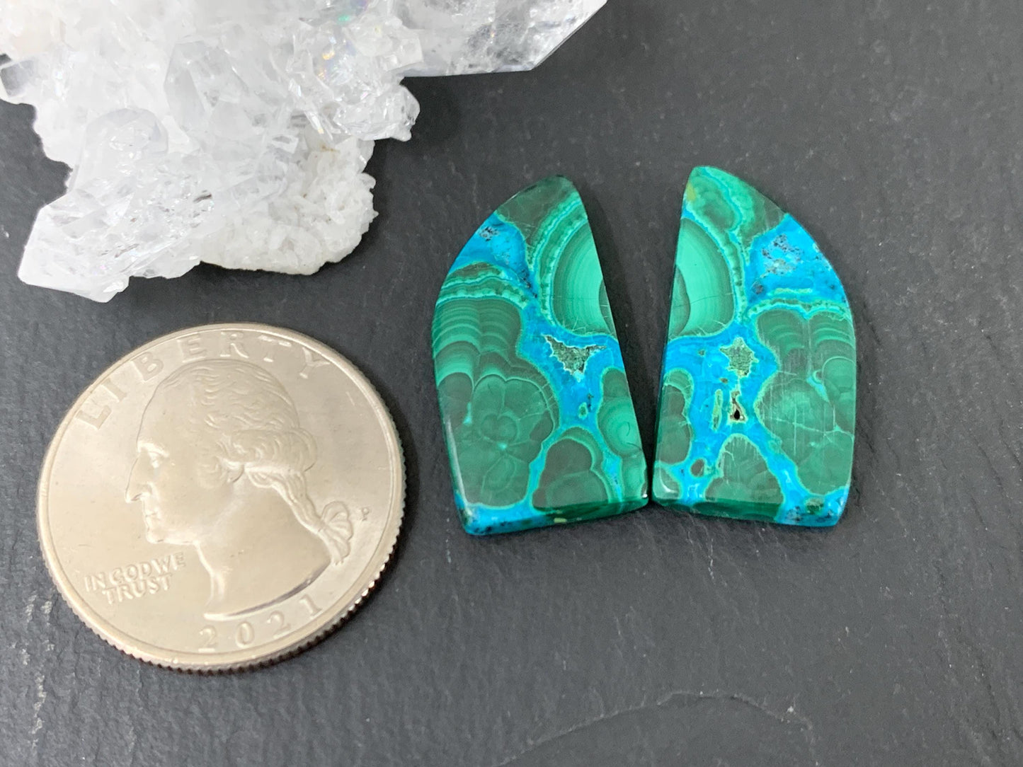 Malachite Chrysocolla free form 13x25x4mm cabochon pair