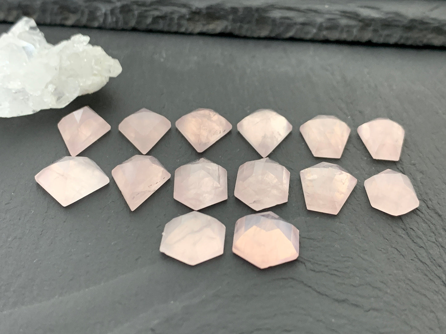 Faceted Rose Quartz kite, coffin, hexagon cabochons