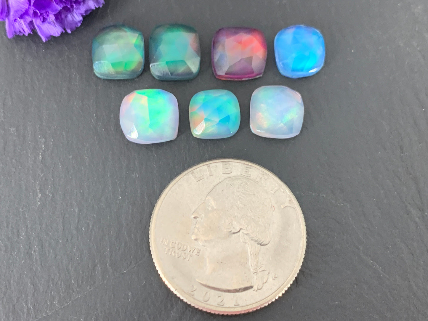 Faceted Aurora Opal square 8mm cabochon - Doublet cabochons