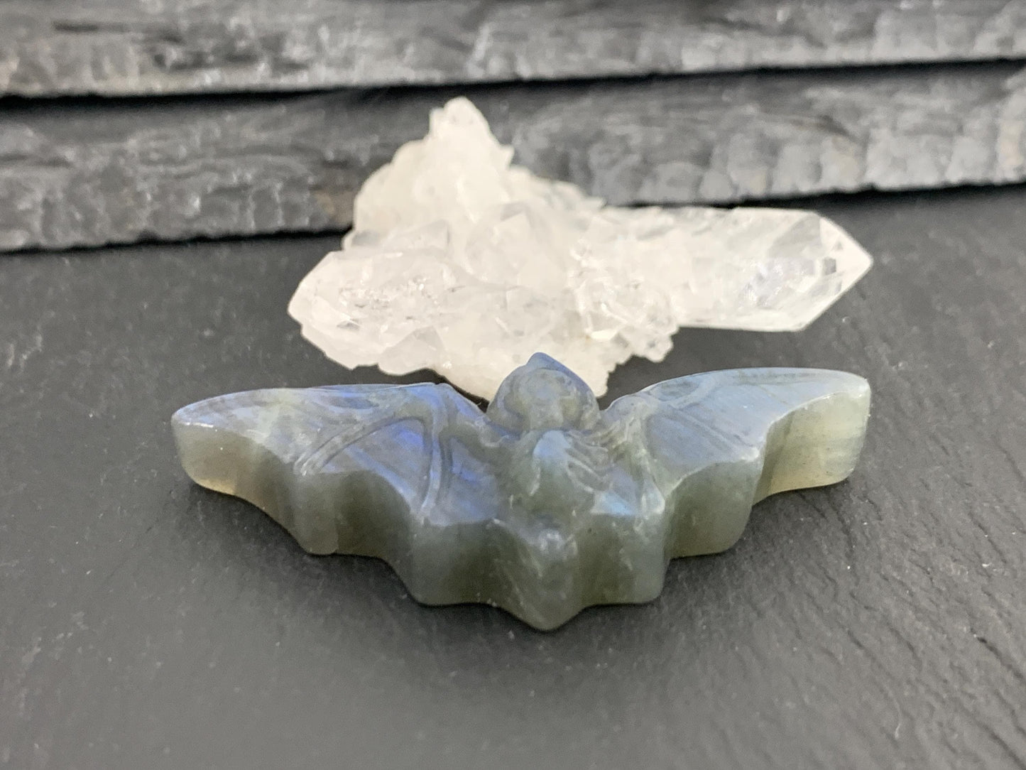 Labradorite skeleton bat 18x48mm flat back carving
