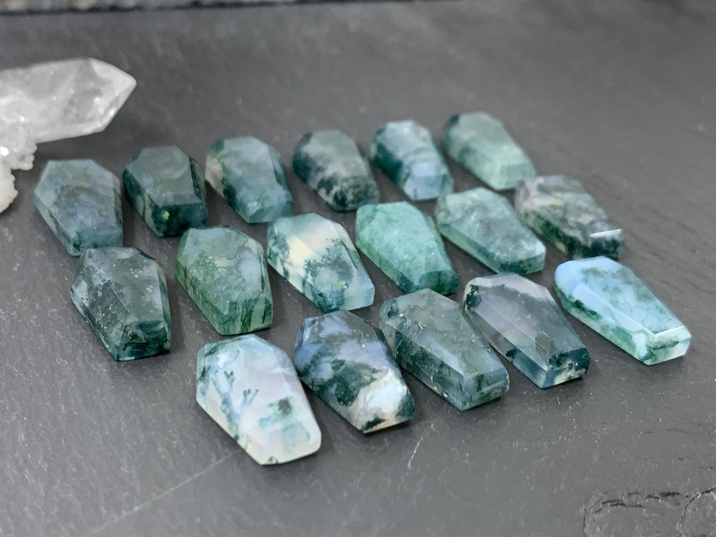 Faceted Moss Agate coffin 10x16mm cabochon