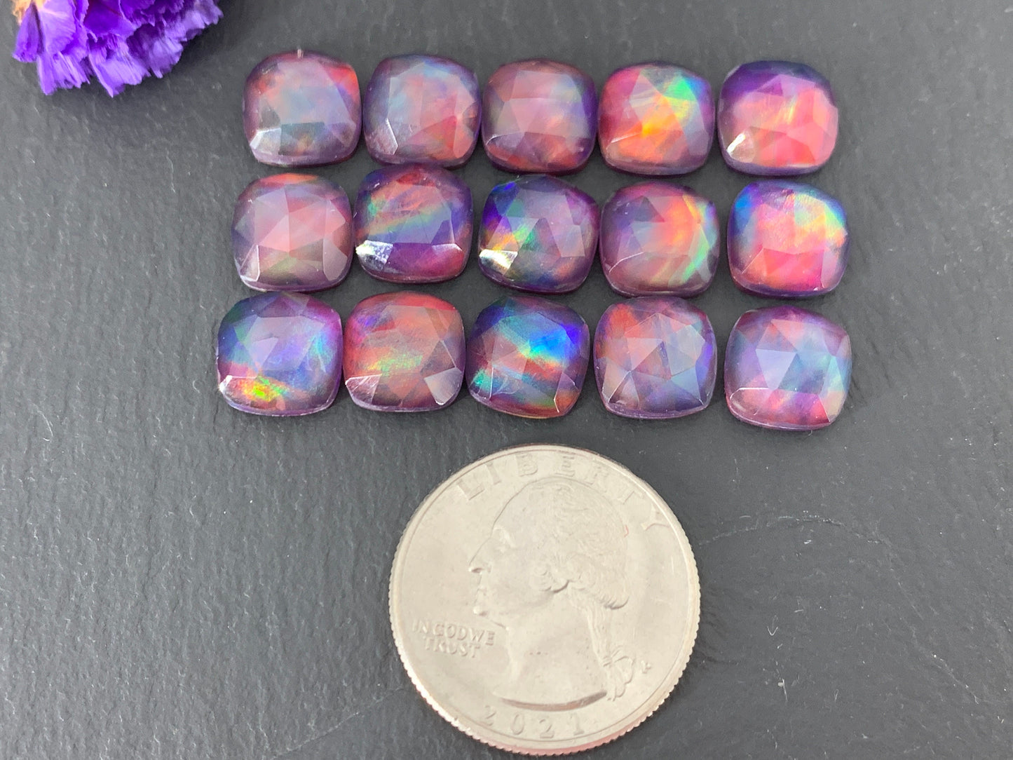 Faceted Aurora Opal square 10mm cabochon - Doublet cabochons