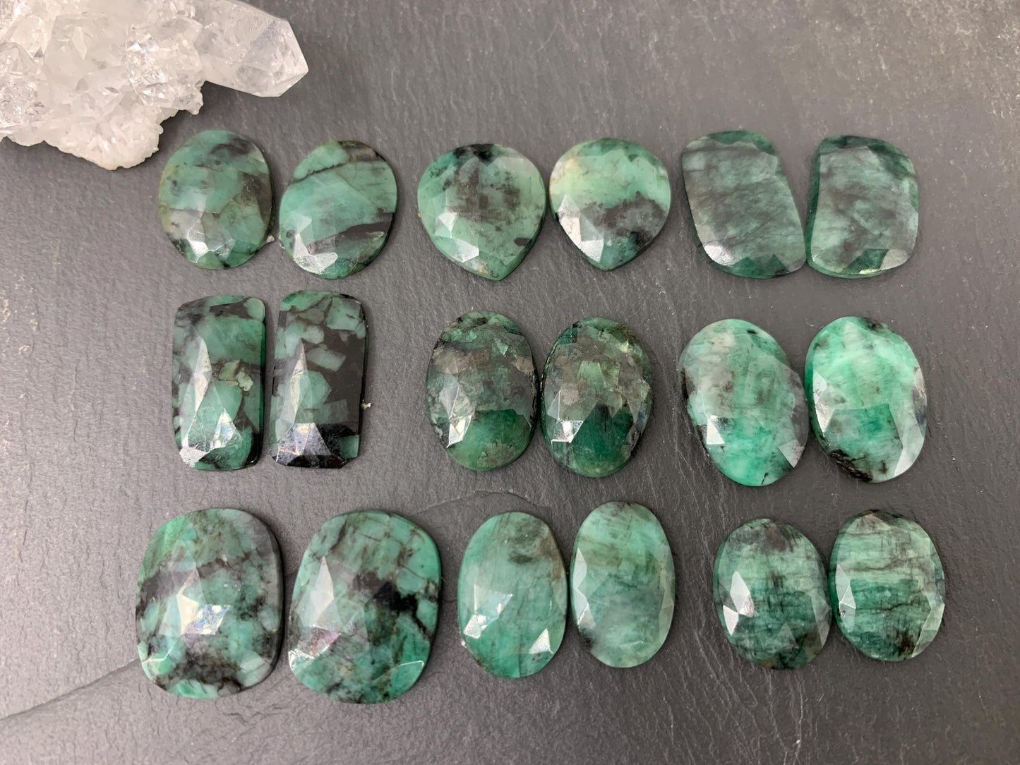 Faceted Emerald Pair 16-21mm long Cabochon