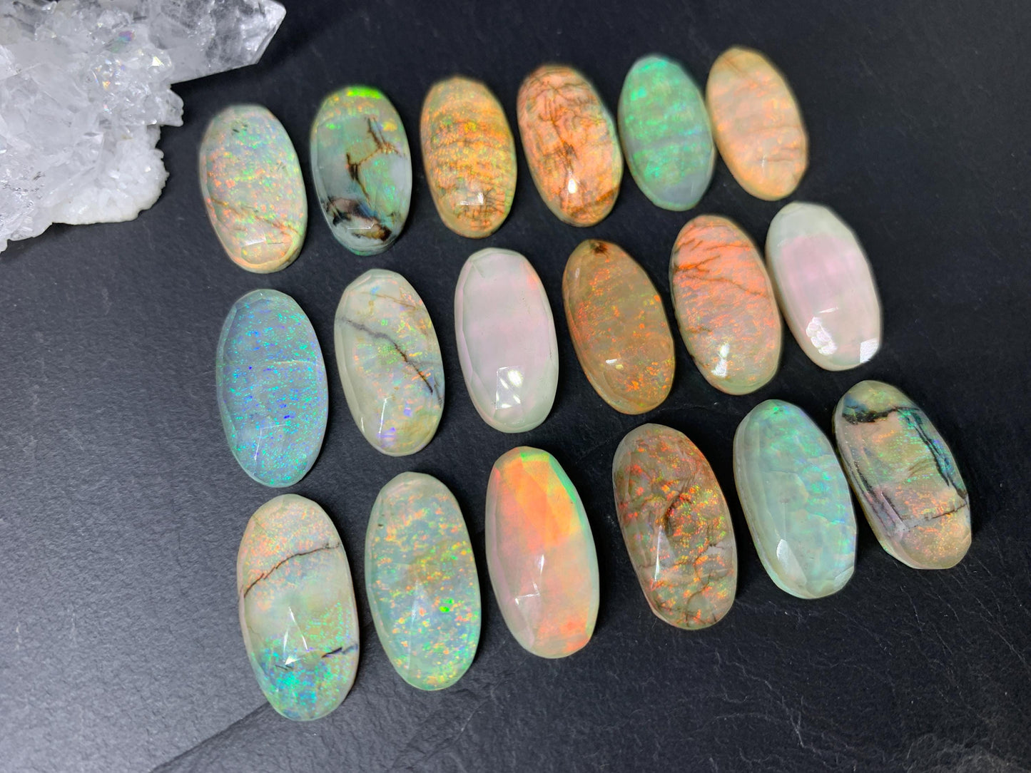 Faceted Monarch Opal oval 10x20mm cabochons - Doublet cabochons