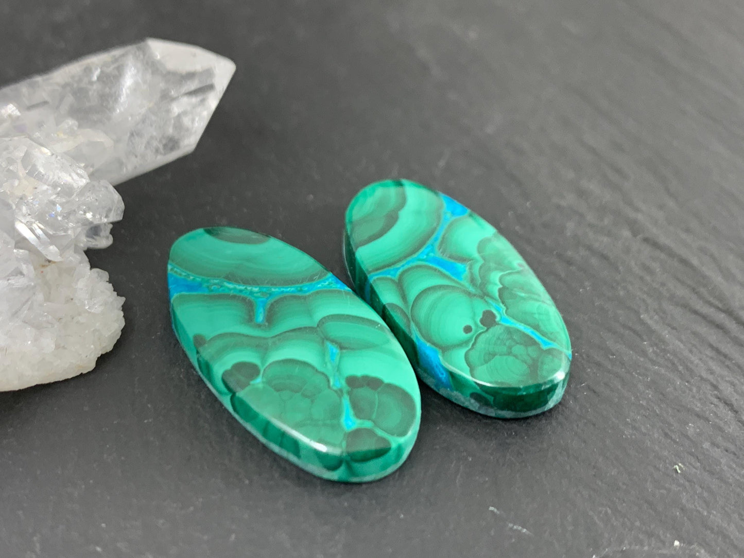 Malachite Chrysocolla oval 12x24x4mm cabochon pair