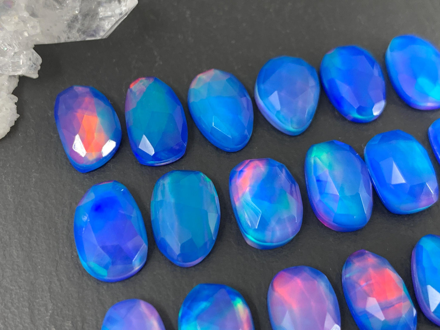 Faceted Aurora Opal oval, free form 11-13mm long doublet cabochons - Doublet cabochons