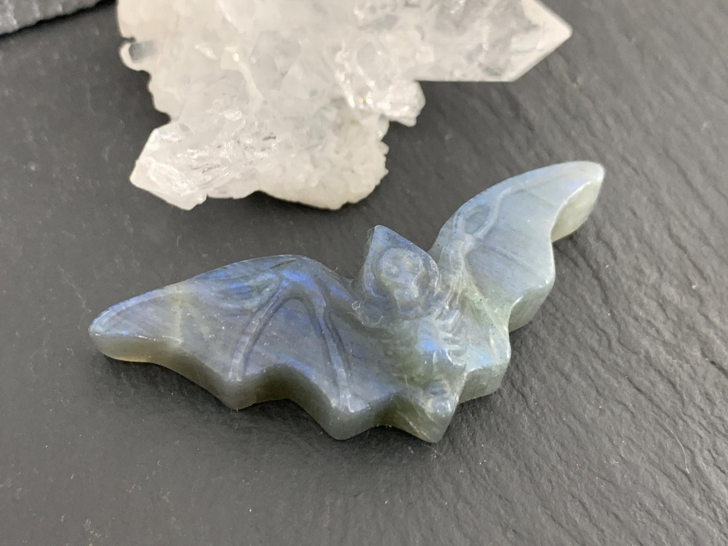 Labradorite skeleton bat 18x48mm flat back carving