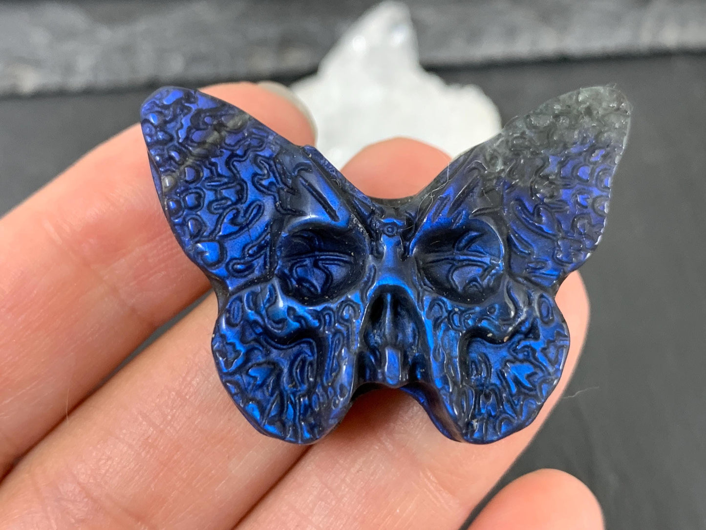 Labradorite Butterfly Carving 28x40mm Flat Back Gemstone - Hand Carved Ghost Face Design