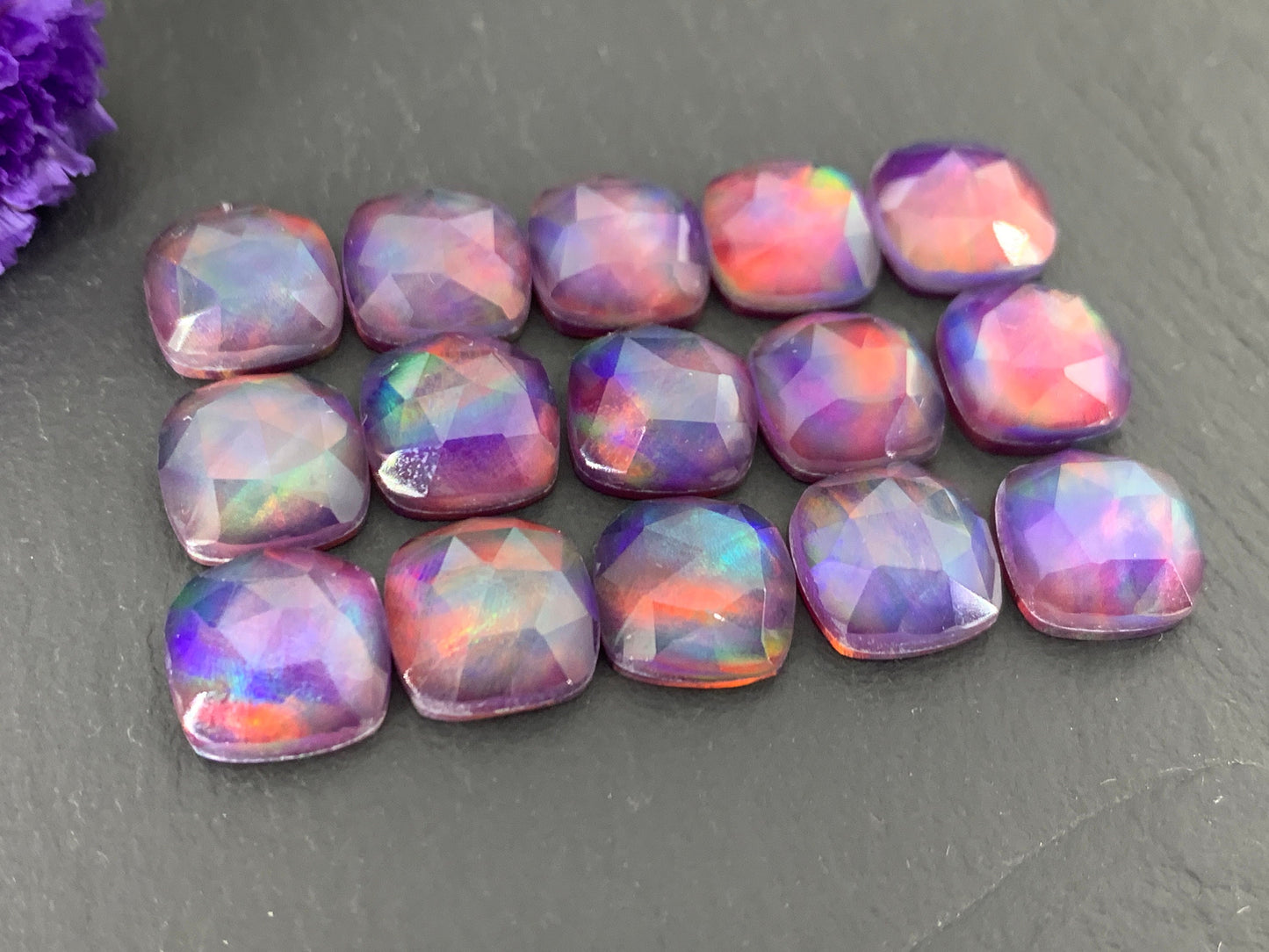 Faceted Aurora Opal square 10mm cabochon - Doublet cabochons