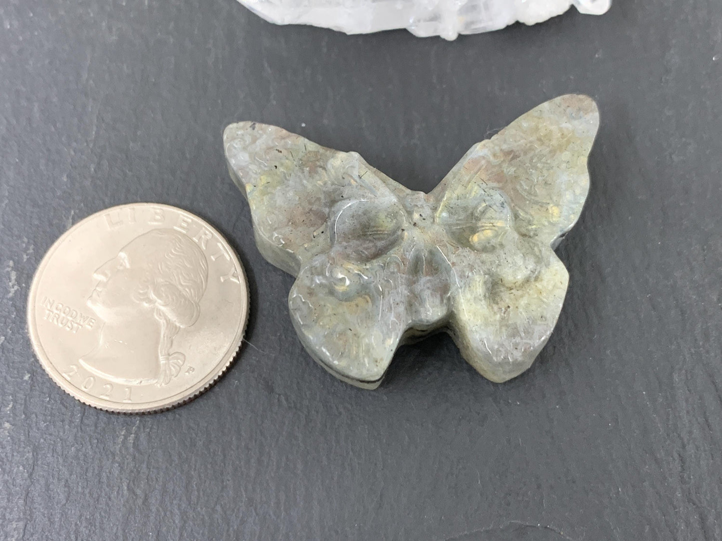 Labradorite Ghost Butterfly – Hand Carved Gemstone Flat Back Carving, Artisan Crystal Gift